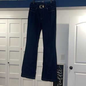White House Black Market Size 8 Dark blue denim with cute belt accent.